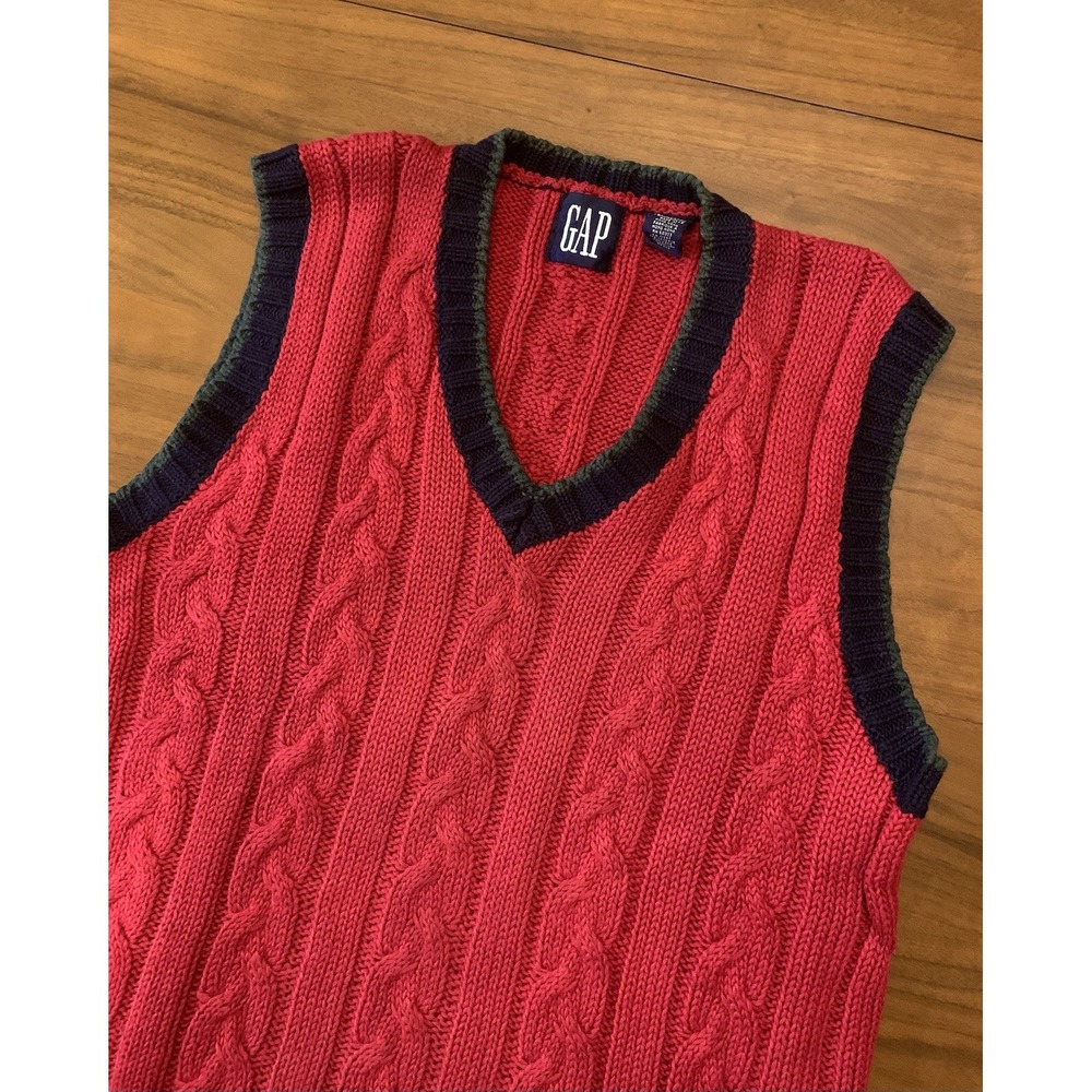 Vintage GAP Sweater Vest Mens M Red V-Neck Cable Knit Tennis 90s Y2K Preppy